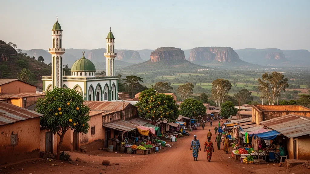 La Grande Moschea di Labé che si erge sopra il paesaggio urbano degli altopiani del Fouta Djallon in Guinea durante la calda luce del tardo pomeriggio