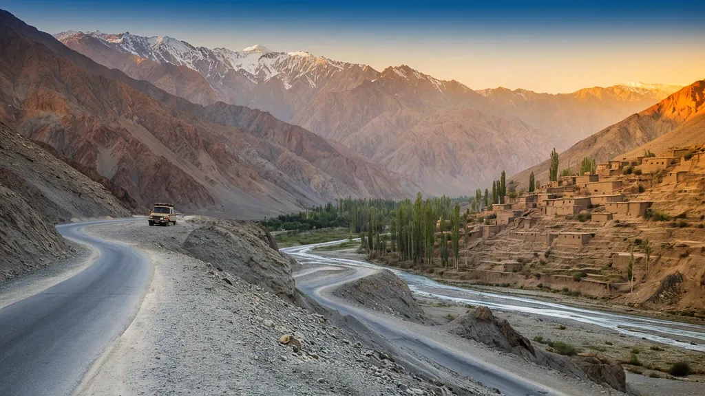 Blick zur goldenen Stunde auf eine kurvenreiche Bergstraße durch das Hindu-Kusch-Tal in Afghanistan mit Lehmziegeldörfern und schneebedeckten Gipfeln