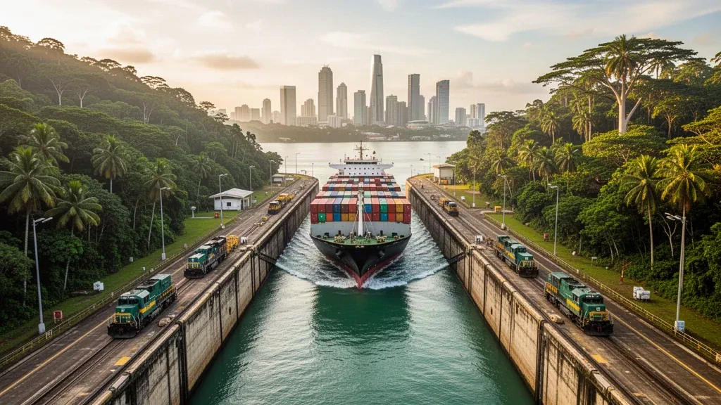 Cargo ship transiting the Miraflores Locks on the Panama Canal, with tropical rainforest hills and the Panama City skyline in golden light