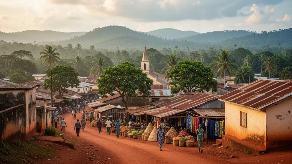 Erhöhte Ansicht von Nzérékoré, Guinea, mit roten Lateritstraßen, Marktständen, niedrigen Dächern und grünen bewaldeten Hügeln zur goldenen Stunde