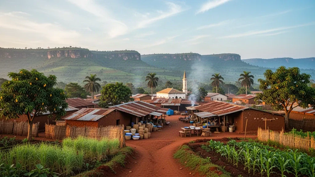 Vista de Télimélé, Guinea, con tejados bajos, mangos y las verdes tierras altas de Fouta Djallon bajo la cálida luz del final de la tarde.