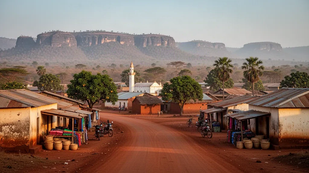 Lateritstraße und niedrige ockerfarbene Gebäude in der Hochstadt Tougué, Guinea, umrahmt von den Hügeln des Fouta Djallon zur goldenen Stunde