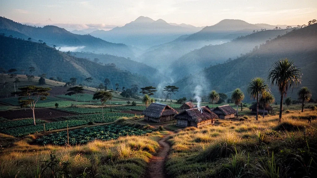 Morning mist over a highland valley near Mount Hagen in Papua New Guinea, with traditional thatched huts and garden plots