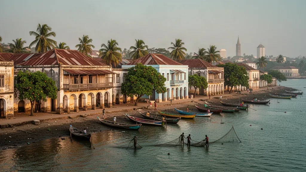 Golden-hour view of Bissau Velho's colonial waterfront in Guinea-Bissau, with fishing canoes moored on the Geba River