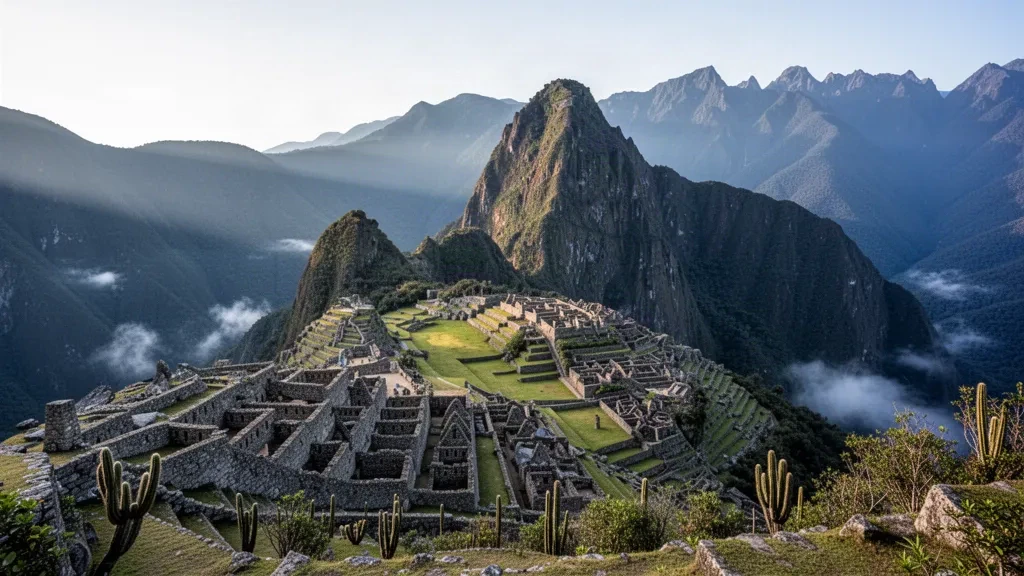 Machu Picchu stone terraces and Huayna Picchu peak rising above the Andes in Peru under soft morning light