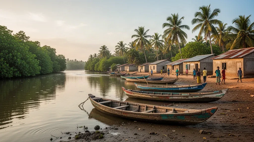 Vue au bord de la rivière de Buba, capitale de la région de Quinara en Guinée-Bissau, avec des bateaux de pêche en bois, des mangroves et le Rio Grande de Buba.