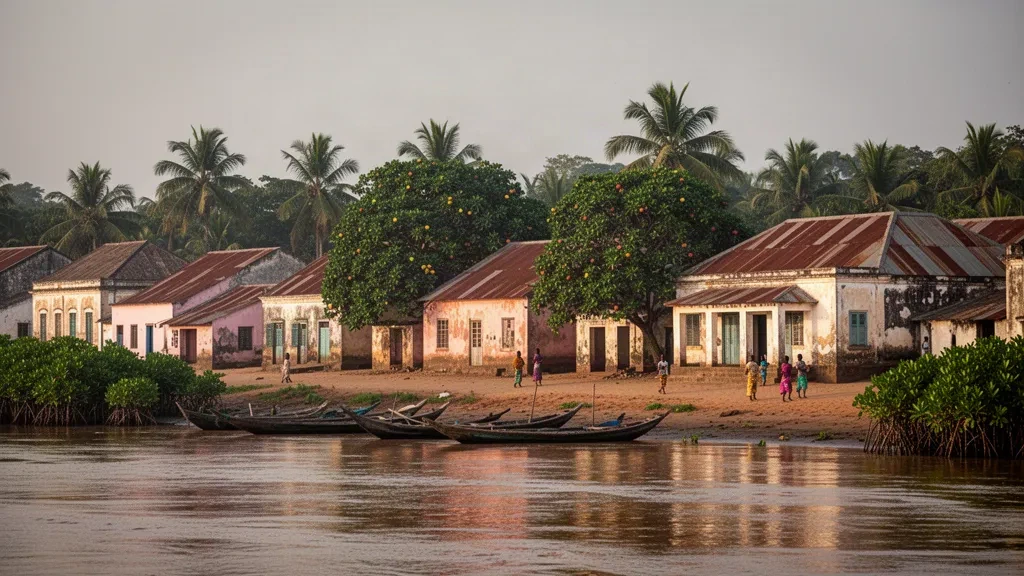 Vista ribereña de Farim en la región de Oio, Guinea-Bisáu, con piraguas de madera, edificios coloniales y palmeras a la hora dorada
