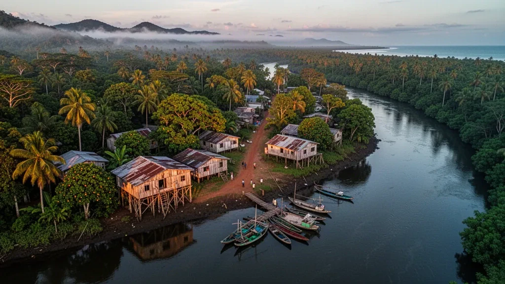 Maisons en bois sur pilotis et bateaux amarrés le long de la rivière Aruka à Mabaruma, Barima-Waini, Guyana, entourées de forêt tropicale