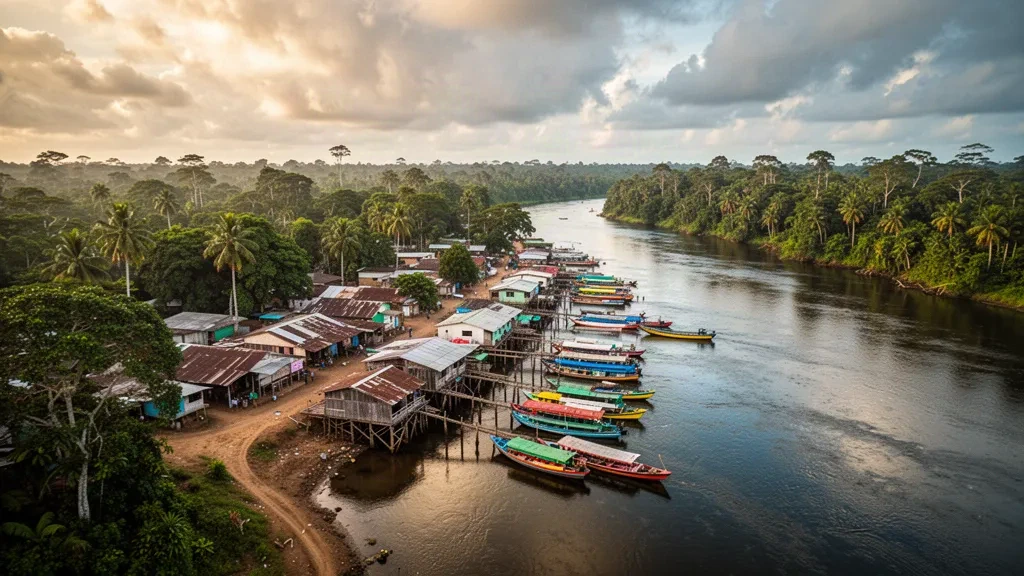 Paseo fluvial de la ciudad de Bartica en la confluencia de los ríos Cuyuni y Mazaruni en Guyana, con embarcaciones y densa selva tropical.