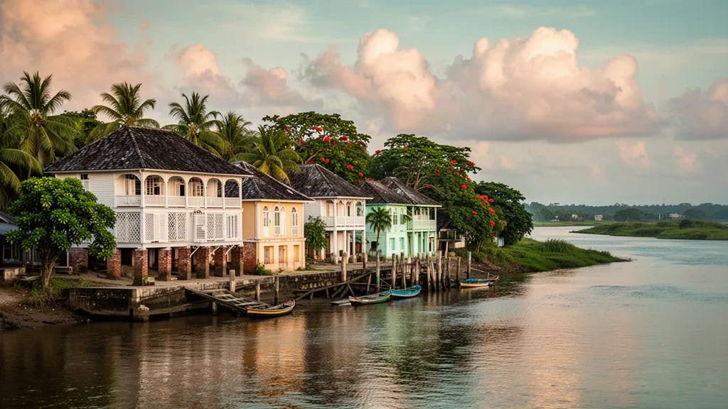 Veduta fluviale di edifici coloniali in legno e palme lungo il fiume Berbice a New Amsterdam, East Berbice-Corentyne, Guyana