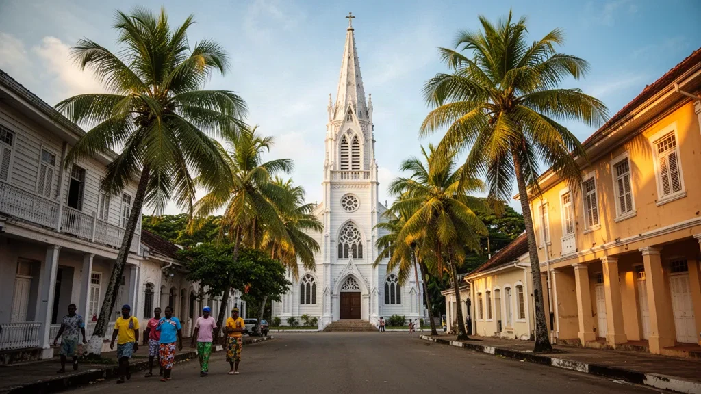 Demerara-Mahaica'da sıcak öğleden sonra ışığı altında palmiyelerle çevrili, Georgetown, Guyana'daki beyaz ahşap St. George's Katedrali.