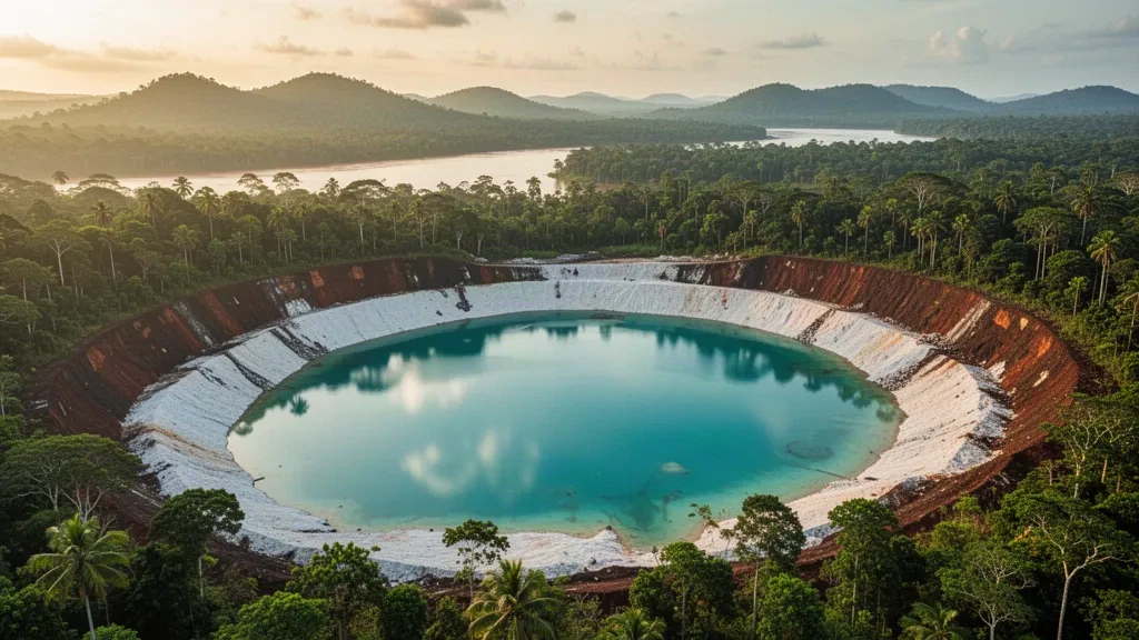 Lago azul turquesa en Linden, Alto Demerara-Berbice, Guyana, una antigua mina de bauxita inundada rodeada de arena blanca y selva tropical