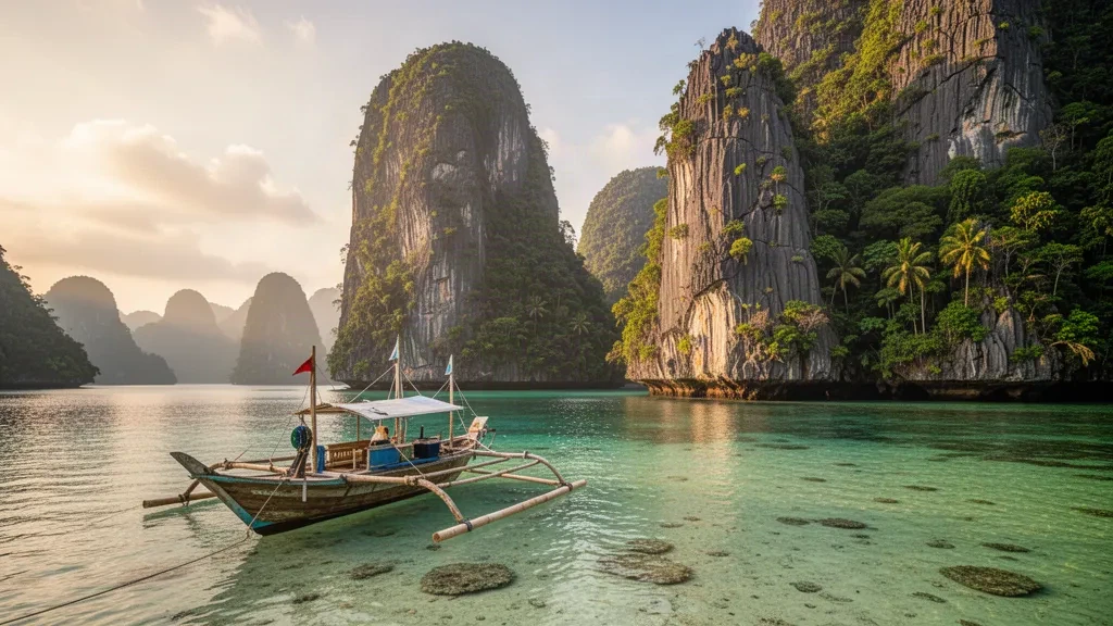 Laguna de aguas turquesa enmarcada por acantilados kársticos de piedra caliza en El Nido, Palawan, Filipinas, con una tradicional embarcación de balancín de madera en primer plano