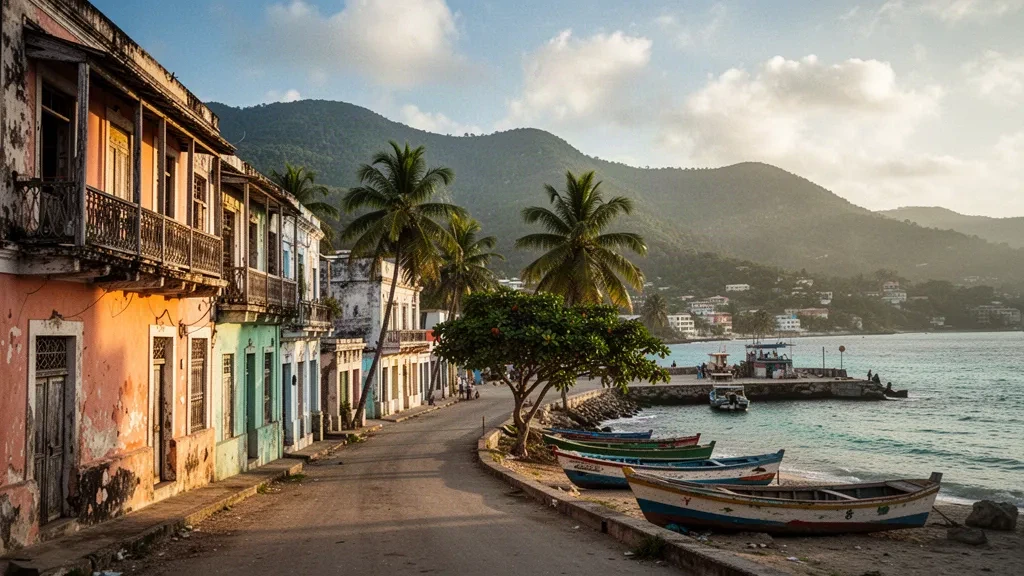Veduta nell'ora dorata sul lungomare coloniale dai colori pastello e sul porto di Jérémie, nel dipartimento di Grand'Anse in Haiti