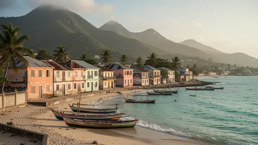 Colourful waterfront buildings and fishing boats along the bay of Port-de-Paix, capital of Haiti's Nord-Ouest department.