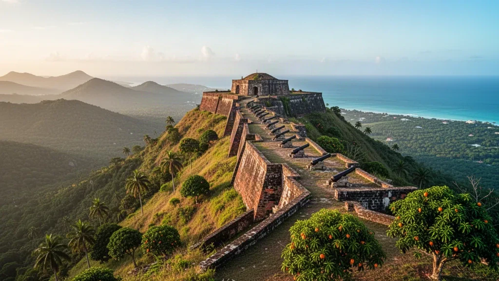 Kuzey Haiti'de Cap-Haïtien'in üzerindeki yeşil bir dağ zirvesinde, sıcak ikindi sonrası ışığı altında Citadelle Laferrière kalesi
