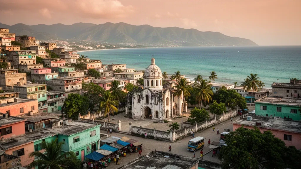 Quartieri collinari di Port-au-Prince nel dipartimento dell'Ouest di Haiti che si affacciano sulla baia caraibica e sulle montagne durante l'ora d'oro