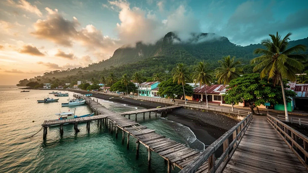 Caribbean seafront of La Ceiba, Atlántida, Honduras, with a wooden pier, palm-lined promenade and Pico Bonito mountains at golden hour