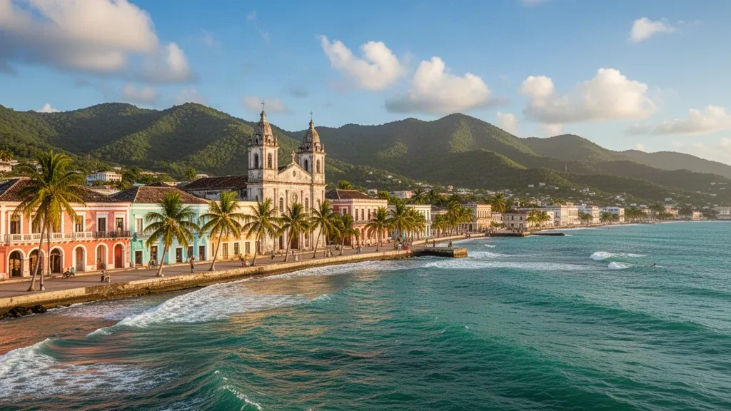 Paysage urbain côtier des Cayes, en Haïti, avec des bâtiments aux couleurs pastel, des palmiers et la mer des Caraïbes sous un ciel lumineux.