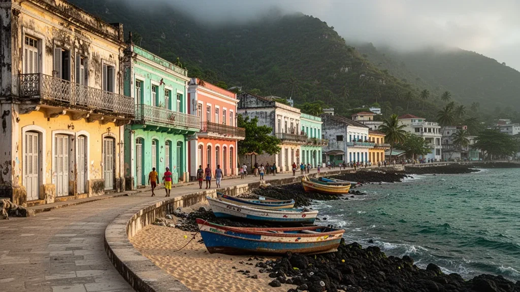Storico lungomare coloniale di Jacmel, capoluogo del dipartimento del Sud-Est di Haiti, con facciate pastello e barche da pesca nell'ora d'oro