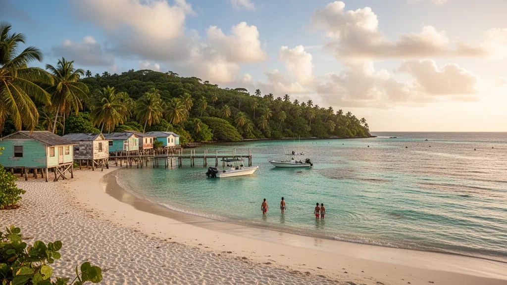 Eaux peu profondes turquoise des Caraïbes et plage bordée de palmiers avec maisons sur pilotis en bois à Roatán, dans les îles de la Baie au Honduras, éclairées par une lumière chaude d'après-midi.