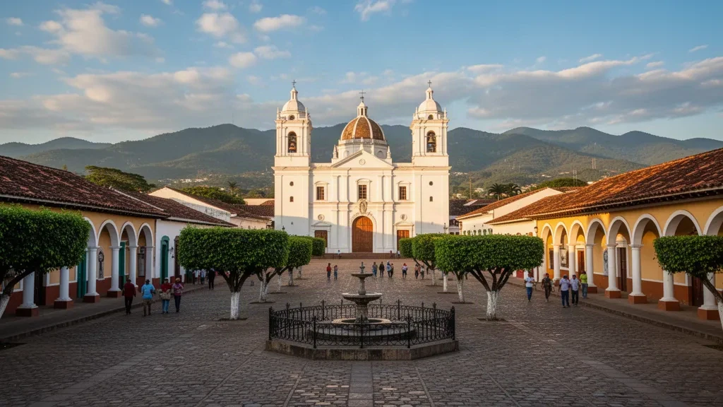 Colonial plaza and whitewashed cathedral of Comayagua, Honduras, glowing in warm late-afternoon light among tiled roofs and green hills