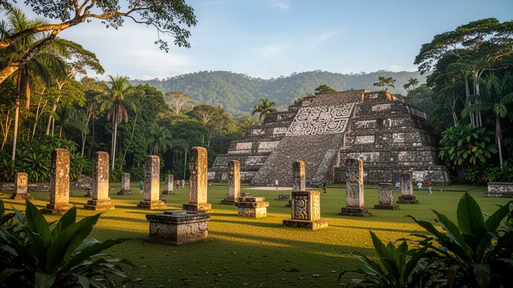Carved Maya stelae and stepped pyramid in the Great Plaza of the Copán Ruinas archaeological site in Honduras at golden hour