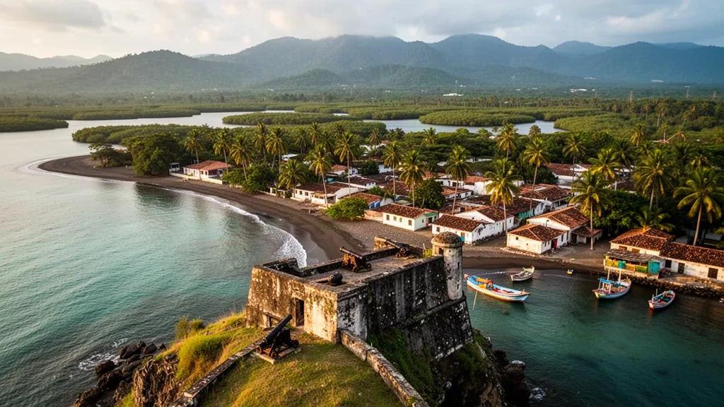 Baia caraibica e fortezza coloniale storica sulla costa di Trujillo, Dipartimento di Colón, Honduras