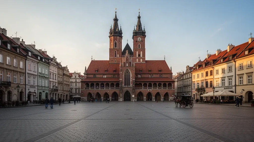 Place du marché de la vieille ville de Cracovie avec la halle aux draps et les tours de la basilique Sainte-Marie dans une lumière dorée de fin d'après-midi, Pologne