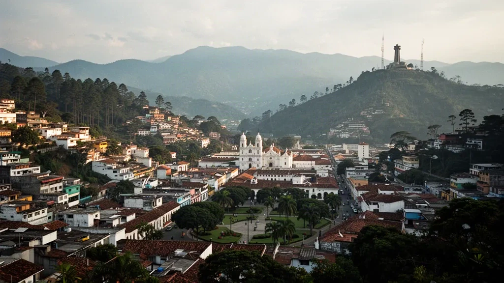 Panorámica de Tegucigalpa a la hora dorada con barrios en las laderas y montañas en Francisco Morazán, Honduras