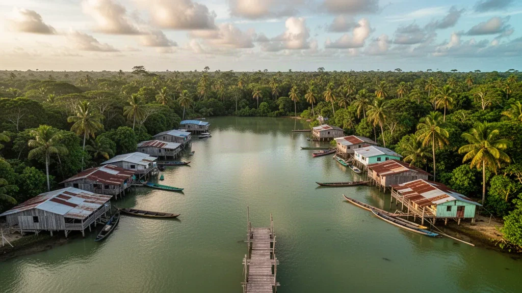 Vue aérienne de la lagune de Puerto Lempira avec des maisons sur pilotis et des canoës en bois, Gracias a Dios, Honduras
