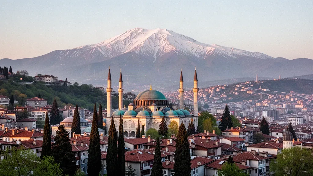 Vue de Bursa, en Turquie, à l'heure dorée, avec les dômes et les minarets de la Grande Mosquée sous la ligne d'horizon enneigée du mont Uludağ