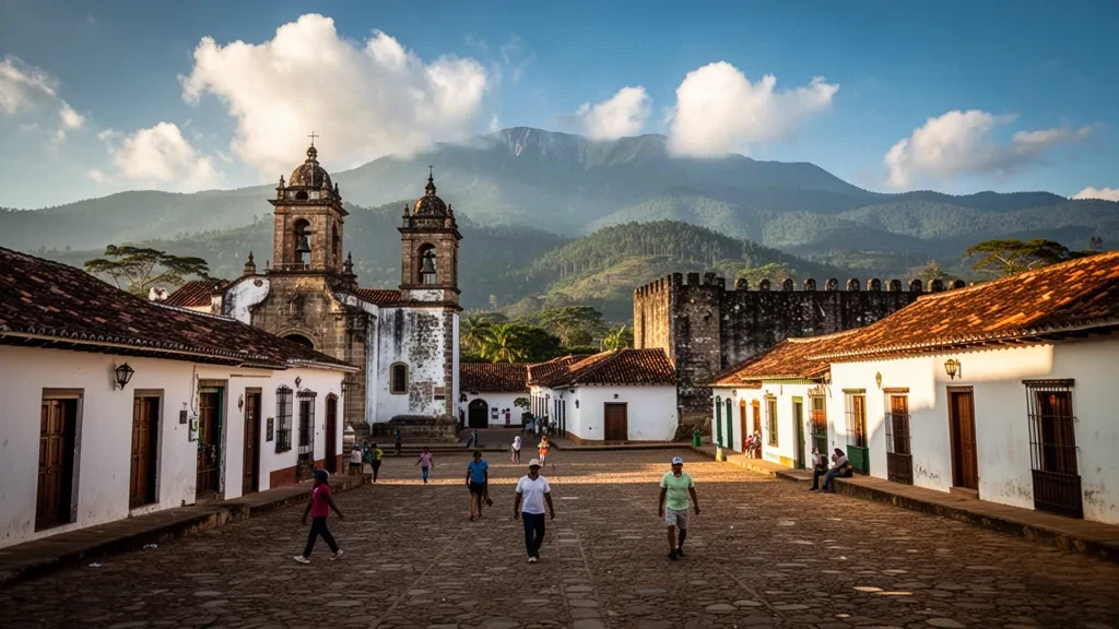 Colonial plaza and whitewashed church in Gracias, Lempira, Honduras, backed by the pine-covered Celaque mountains