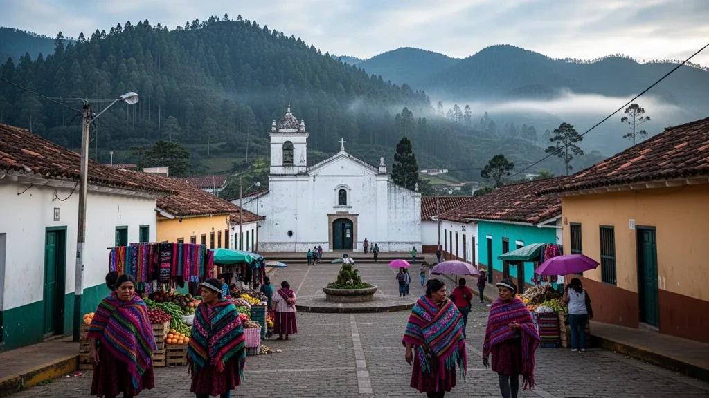 Ville des hautes terres de La Esperanza à Intibucá, Honduras, avec son église coloniale, ses montagnes couvertes de pins et un marché matinal animé