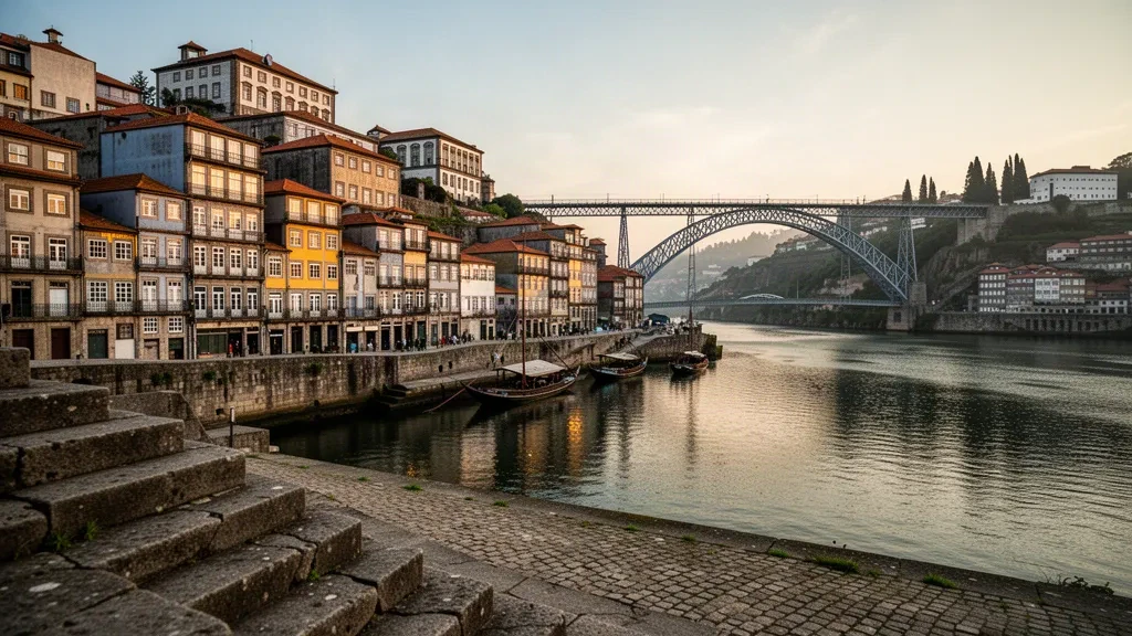 Blick zur goldenen Stunde auf die Ribeira-Uferpromenade von Porto und die Dom-Luis-I-Brücke über den Douro in Portugal