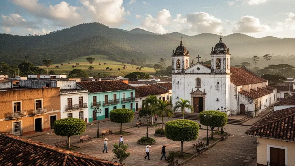 Juticalpa, Olancho, Honduras'ın altın saatlerdeki görünümü; sömürge dönemi katedrali, merkez meydanı ve arkasında Sierra de Agalta