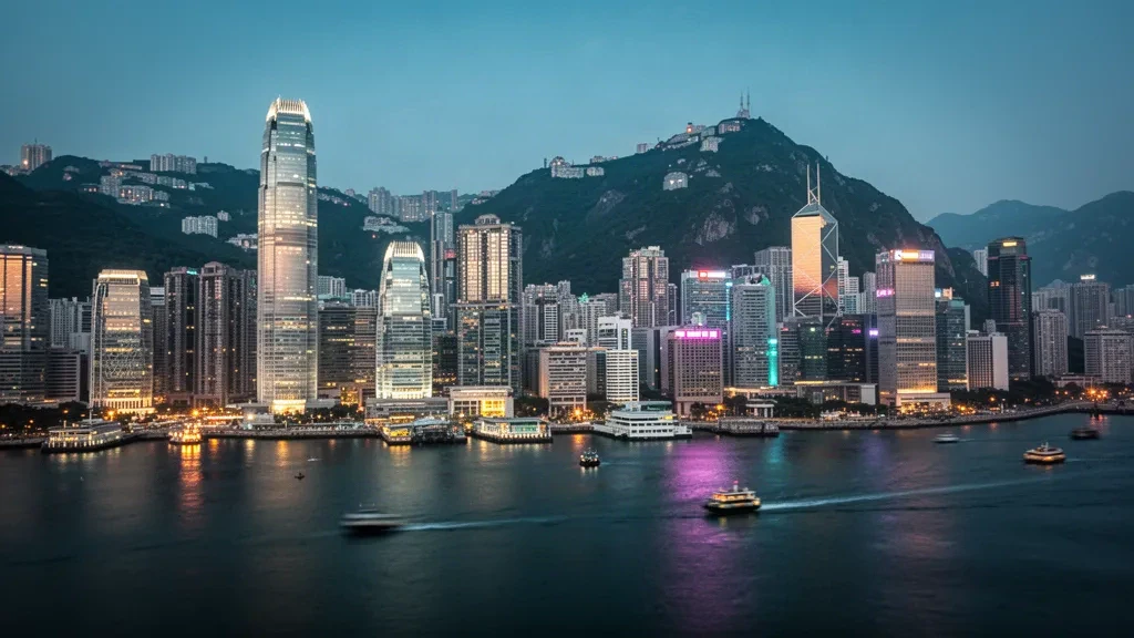 Horizonte del distrito Central y Western de Hong Kong al atardecer con reflejos en el puerto de Victoria y rascacielos bajo el pico Victoria