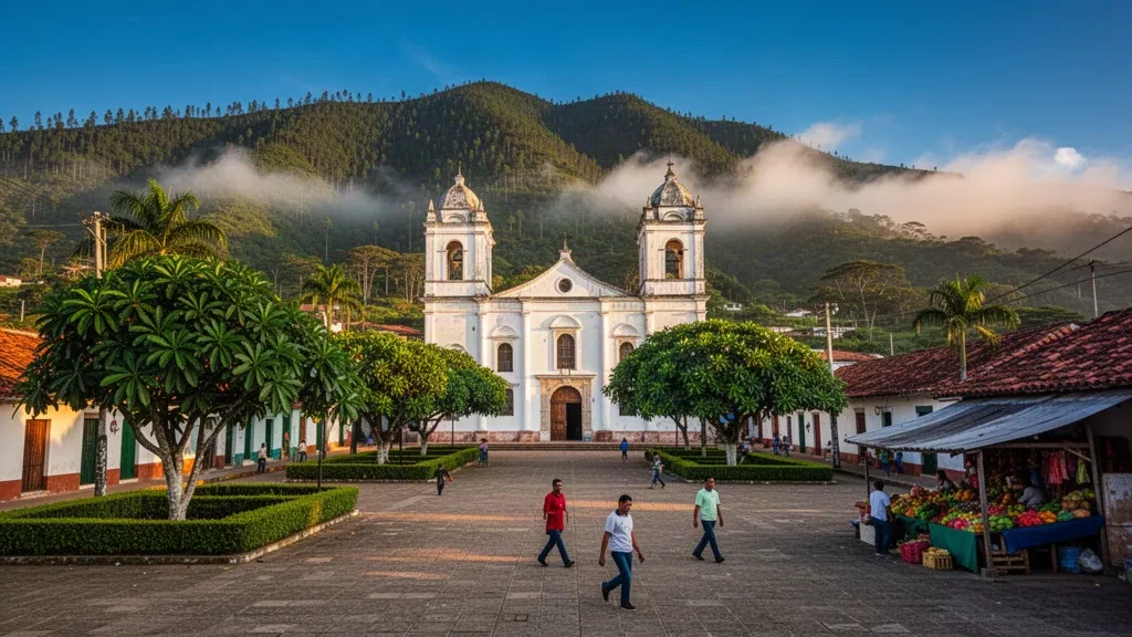 Chiesa parrocchiale imbiancata e vivace piazza cittadina a Yoro, Honduras, incorniciate da montagne verdi coperte di pini nella calda luce pomeridiana