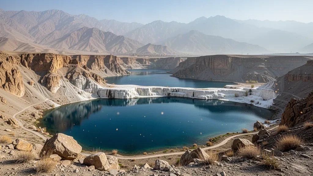 Laghi blu intenso del Parco Nazionale di Band-e-Amir incorniciati da aride scogliere dell'Hindu Kush in Afghanistan sotto una chiara luce diurna