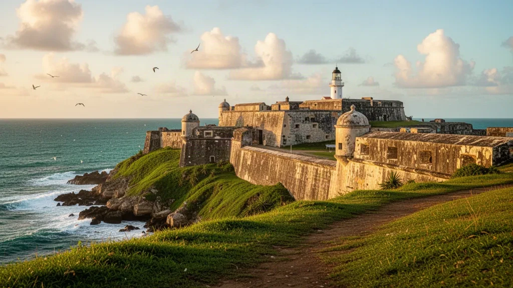 Castillo San Felipe del Morro fortress and lighthouse on the grassy headland of Old San Juan, Puerto Rico, above the Atlantic Ocean at golden hour