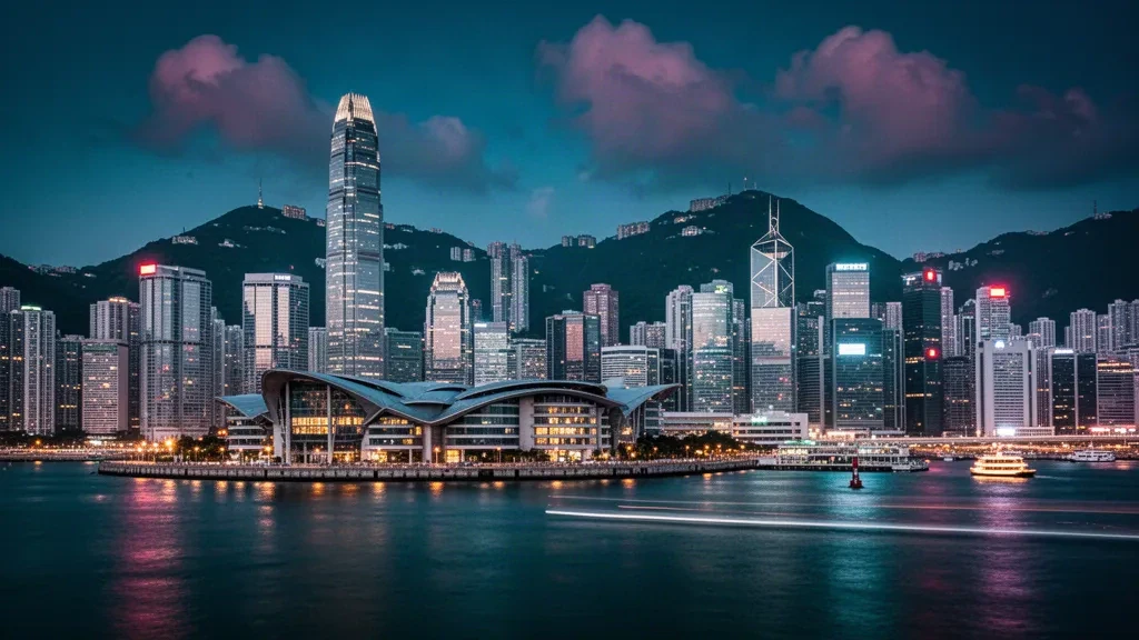 Skyline der Uferpromenade von Wan Chai in Hongkong bei Dämmerung, mit dem Convention and Exhibition Centre und dem Central Plaza über dem Victoria Harbour