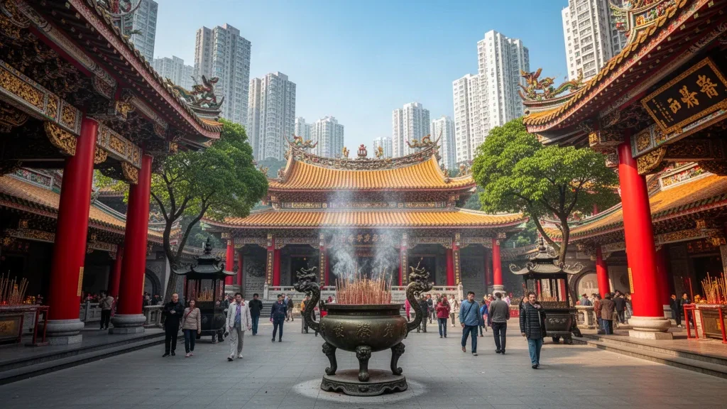 Wong Tai Sin Tempel in Hongkong mit traditioneller roter und goldener Architektur, Weihrauchrauch und Hochhäusern von Kowloon im Hintergrund.