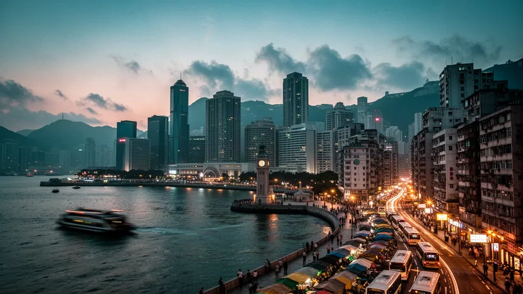 Skyline del distretto di Yau Tsim Mong a Hong Kong al crepuscolo, con le torri di Tsim Sha Tsui e le strade al neon di Mong Kok sopra Victoria Harbour