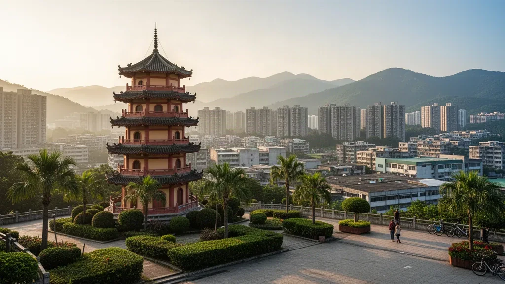 Pagoda de siete pisos en el Parque Yuen Long con vistas al perfil urbano de la ciudad y a las verdes colinas de los Nuevos Territorios de Hong Kong
