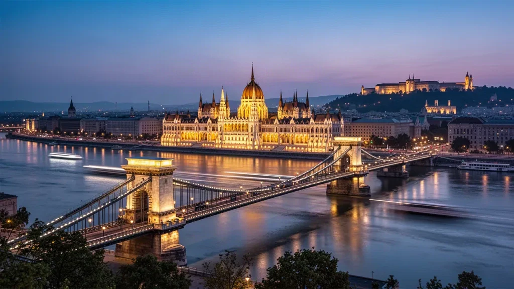 Edificio del Parlamento Ungherese e Ponte delle Catene illuminati sul Danubio durante l'ora blu a Budapest, Ungheria