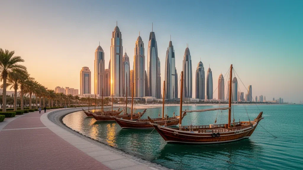 La Corniche de Doha à l'heure dorée avec des boutres traditionnels sur la baie et les gratte-ciel de West Bay en arrière-plan, Qatar