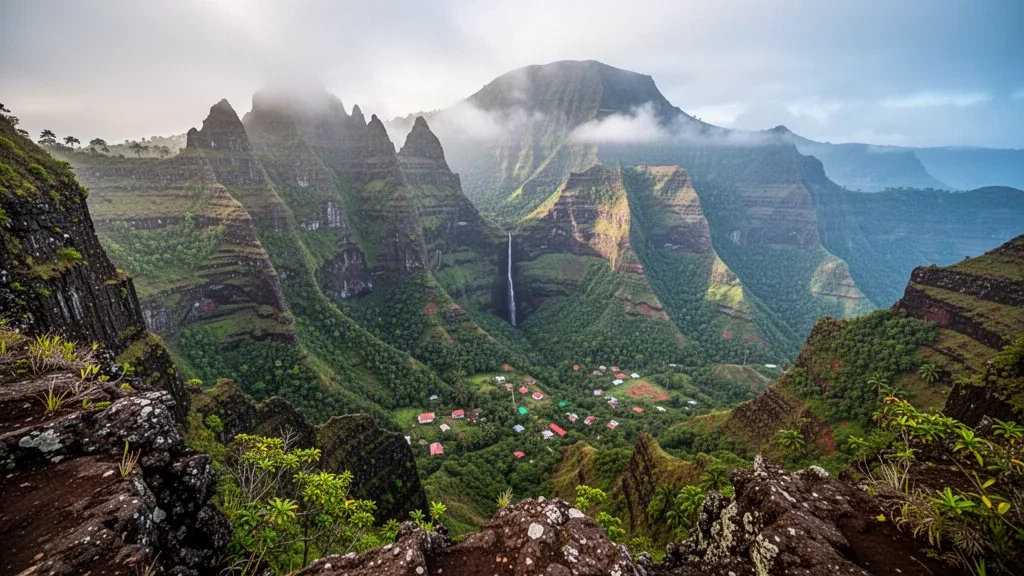 Steile Vulkanberge und üppig grüne Talkessel der Insel Réunion, eingehüllt in tropischen Morgennebel