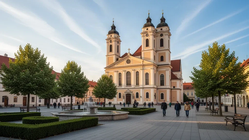 Die Große Reformierte Kirche von Debrecen mit zwei Türmen über dem Kossuth-Platz im Komitat Hajdú-Bihar, Ungarn, zur goldenen Stunde