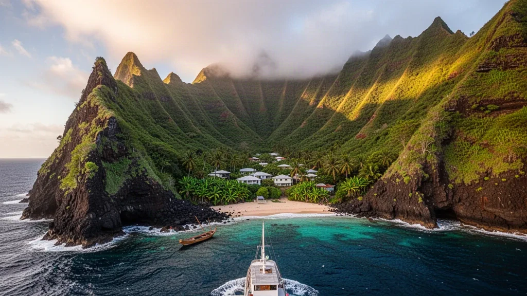 Steile grüne Vulkanklippen erheben sich über der Bounty Bay und Adamstown auf der abgelegenen Insel Pitcairn im Südpazifik