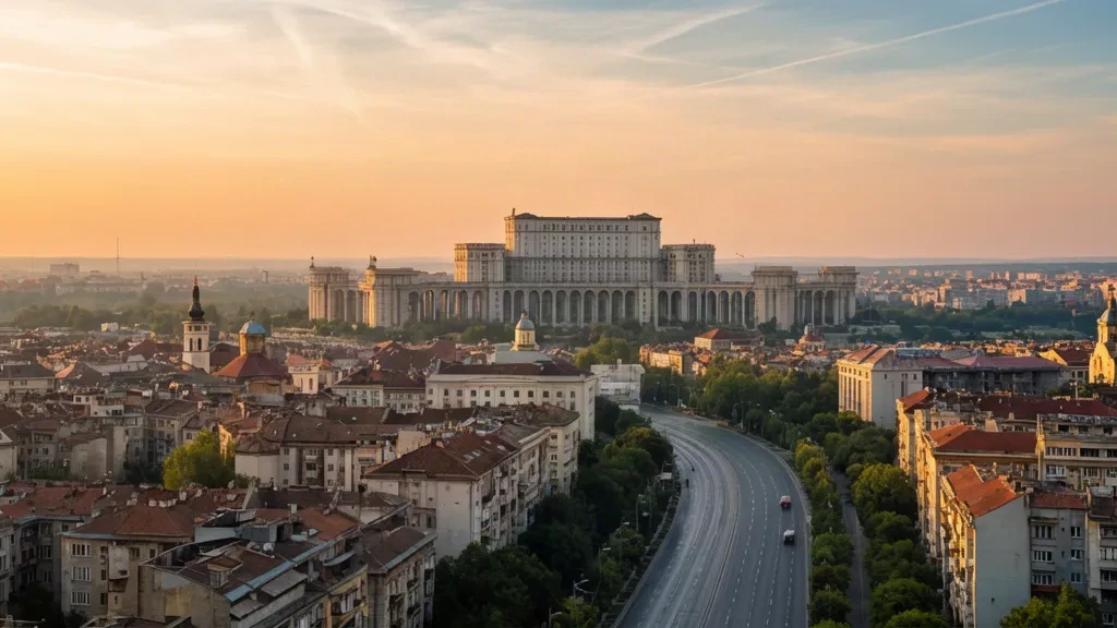 Skyline von Bukarest zur goldenen Stunde mit dem Parlamentspalast, der über rumänische Dächer und Boulevards hinausragt